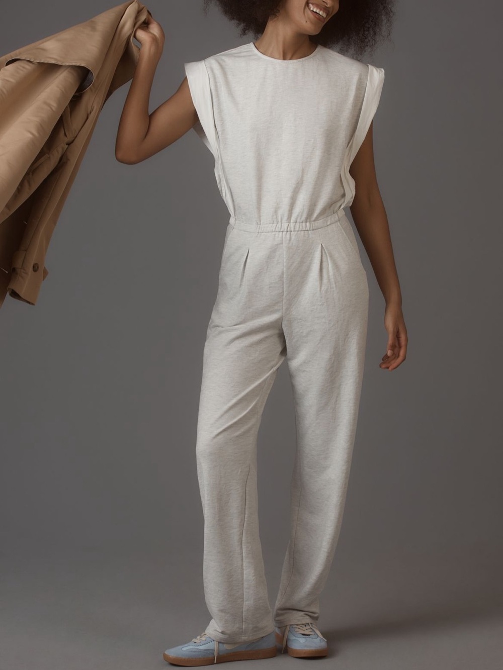 Anyhropologie Women’s Padded-Shoulder Jumpsuit in Light Gray
